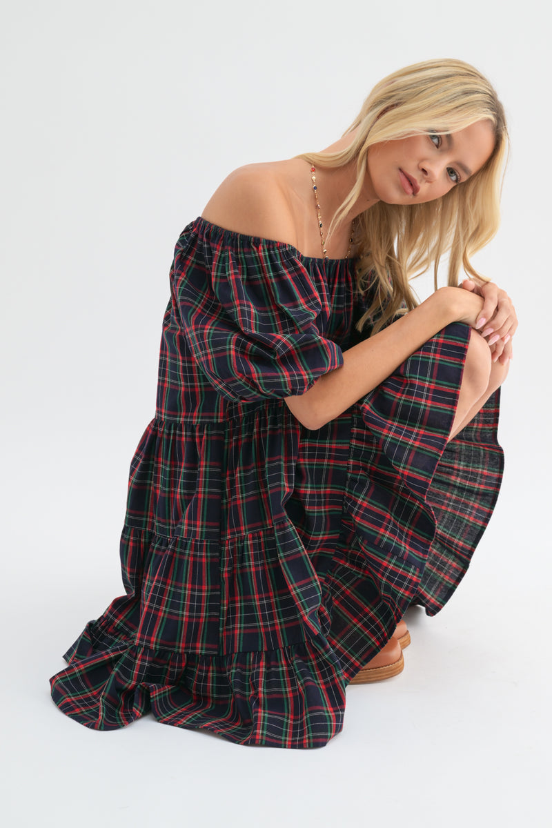 Holly Plaid Cotton Babydoll Dress - Navy