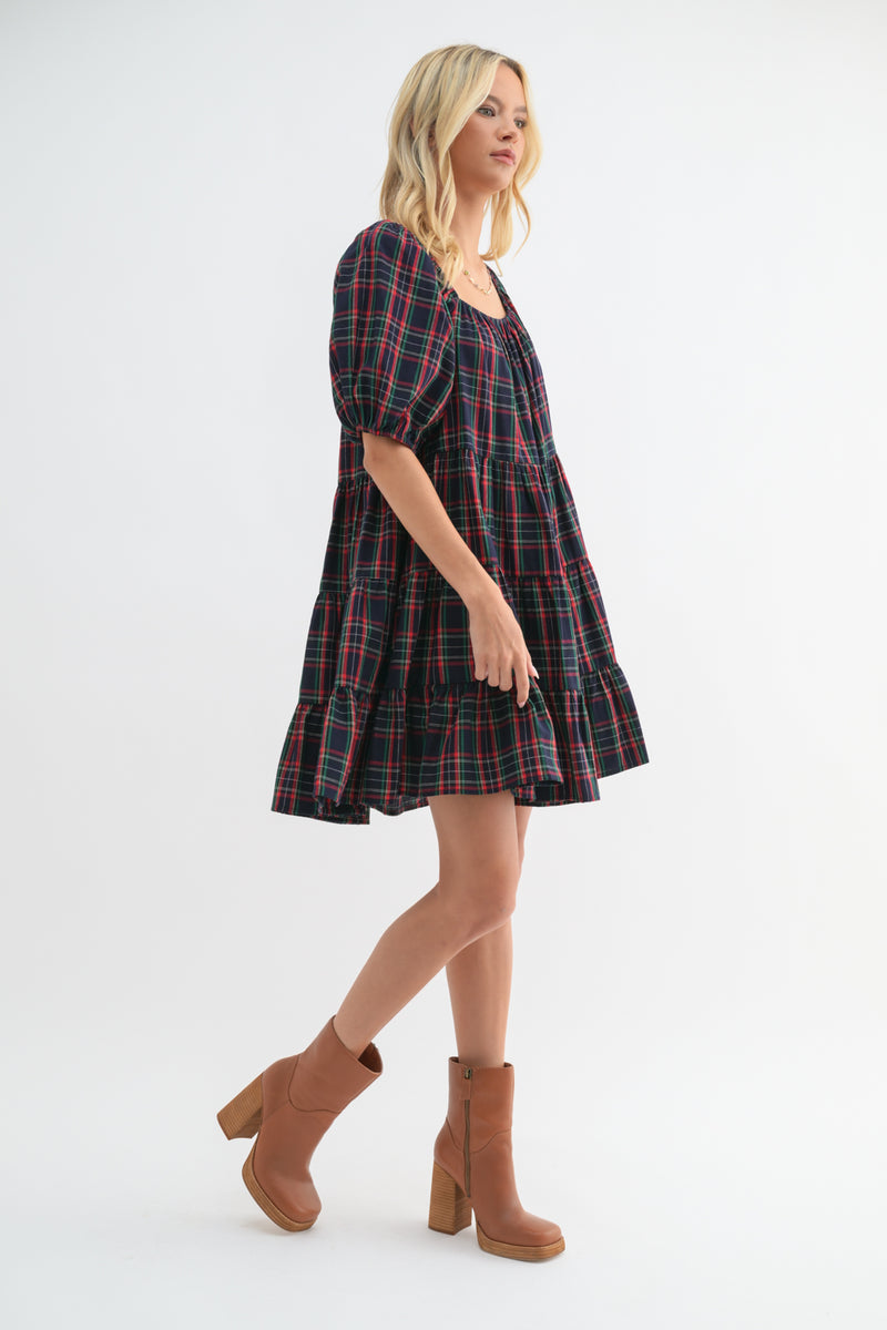 Holly Plaid Cotton Babydoll Dress - Navy