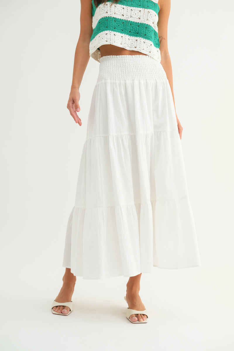 Saylor Smocked Tiered Midi Slit Skirt