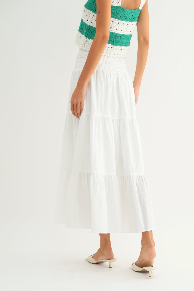 Saylor Smocked Tiered Midi Slit Skirt