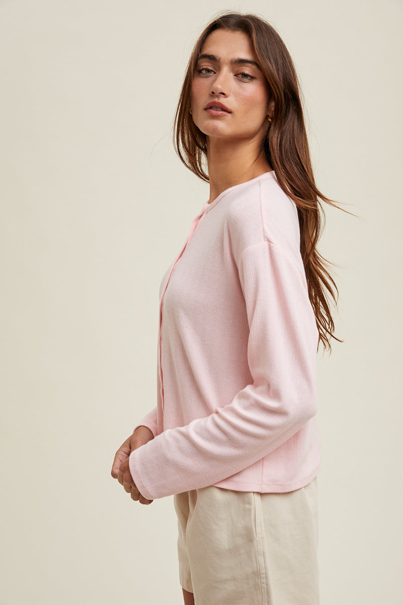 Erin Heart Pointelle Soft Cardigan Top - Pink