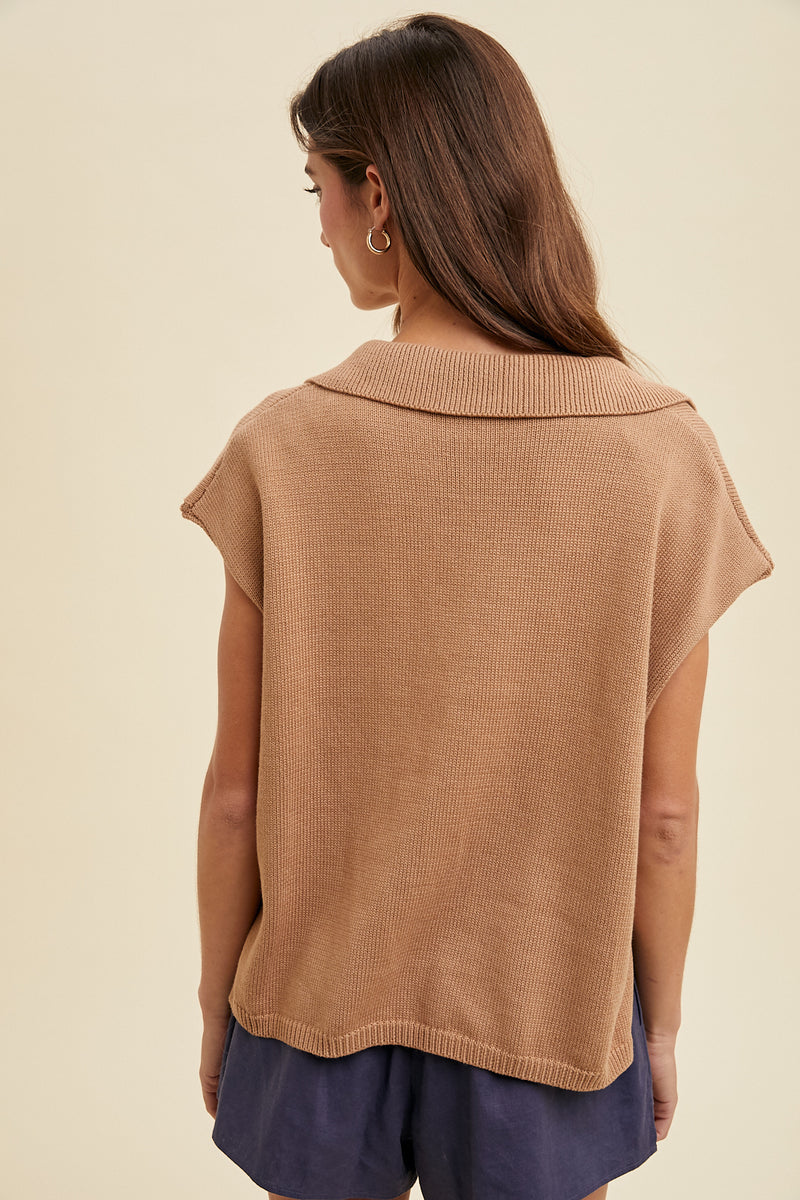 Shayla Cotton Collared Pullover Sweater - Camel