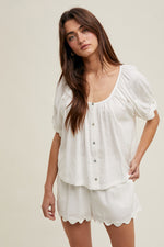 Stephie Scallop Hem Linen Button Down Top