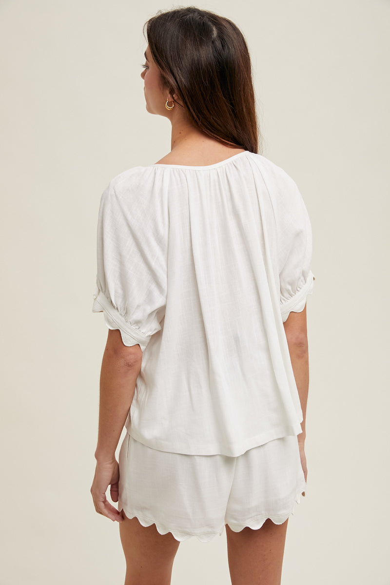 Stephie Scallop Hem Linen Button Down Top