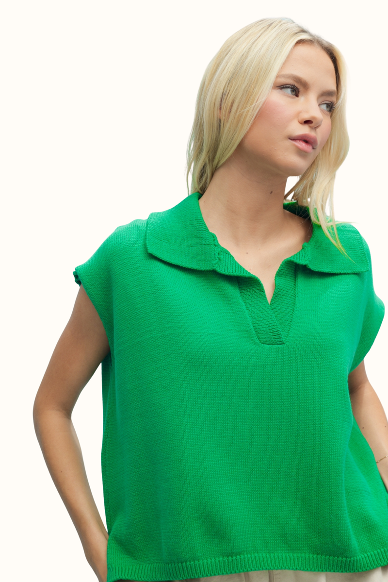 Shayla Cotton Collared Pullover Sweater - Green