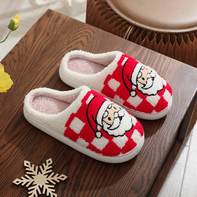 Santa Checkered Plush Slippers - Red