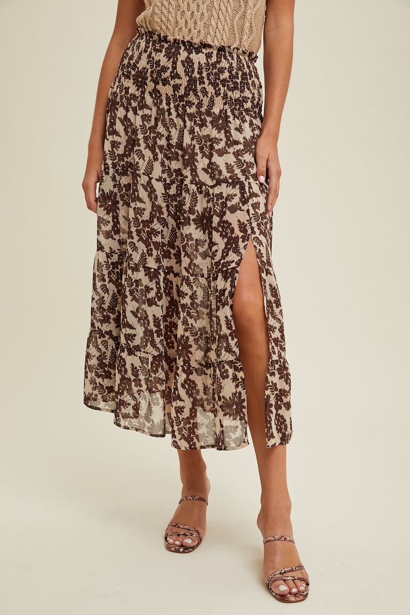 Ryan Smocked Floral Midi Slit Skirt