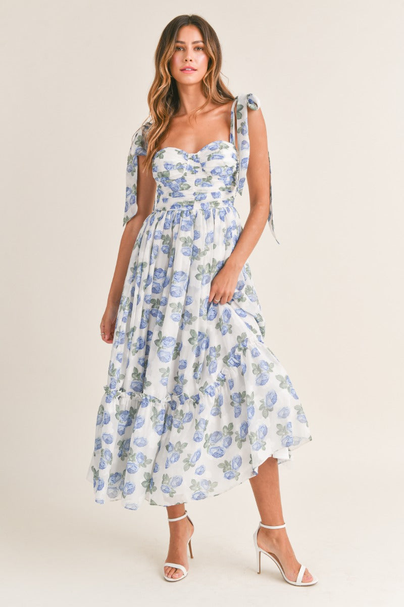 Kasey Ruched Floral Tiered Midi Dress