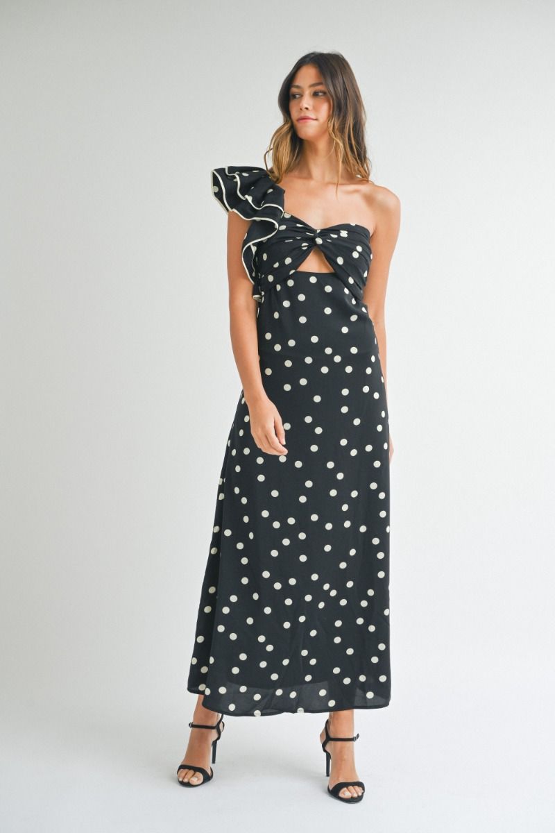 Aida One Shoulder Polka Dot Maxi - Black